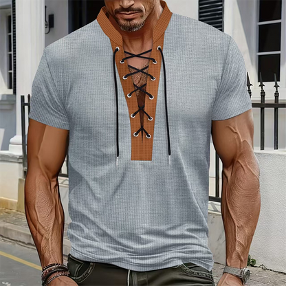 ⌛Limited-Time Offer-Men’s Waffle Knit T-Shirt Contrast Lace Up Casual Short Sleeve Tops