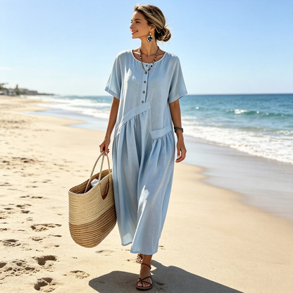 ⌛Limited-Time Offer-Women's Button-Front Short Sleeve Maxi Dress