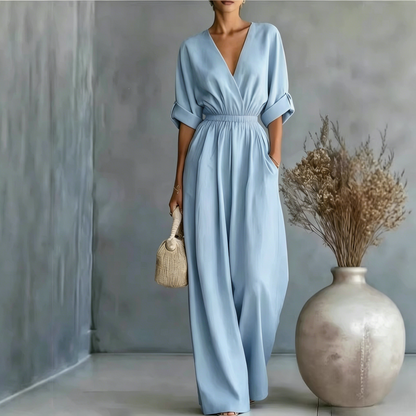 🔥New Arrivals & Special Offers-Women's Elegant V-Neck Wide-Leg Jumpsuit