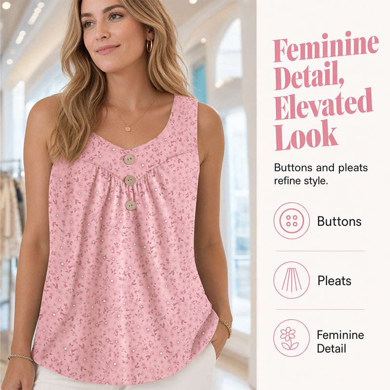🌸New Arrivals & Special Offers-Women's Printed Sleeveless Top with Button Detail