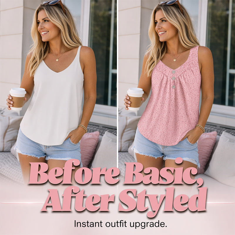 🌸New Arrivals & Special Offers-Women's Printed Sleeveless Top with Button Detail