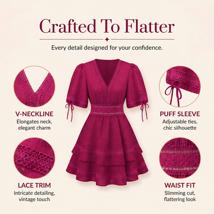 ⌛Limited-Time Offer-Women's V-Neck Lace Tiered Ruffle Dress