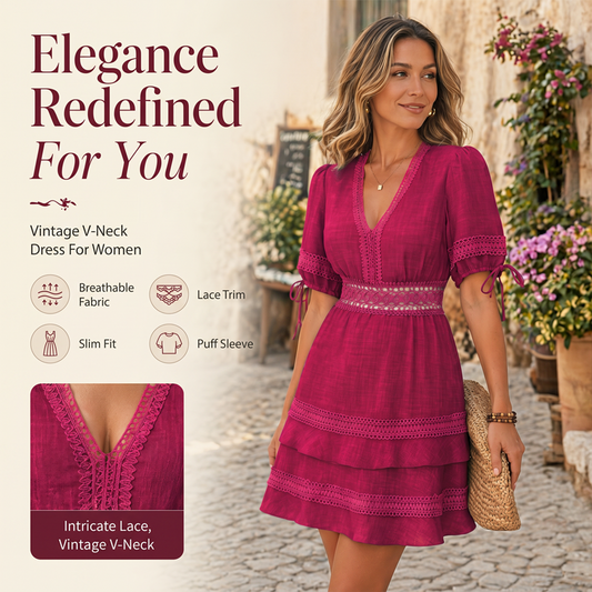 ⌛Limited-Time Offer-Women's V-Neck Lace Tiered Ruffle Dress