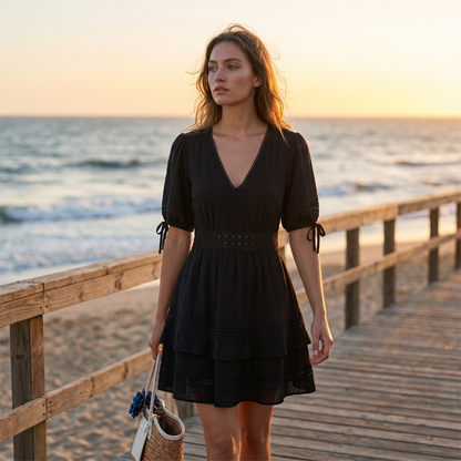 ⌛Limited-Time Offer-Women's V-Neck Lace Tiered Ruffle Dress