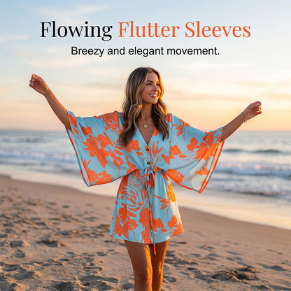 ⌛Limited-Time Offer-Women Summer V-Neck Flutter Sleeve Vacation Dress with Drawstring