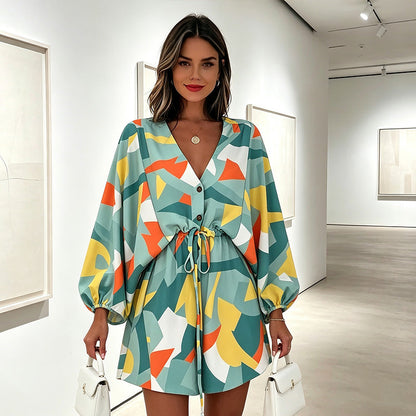 ⌛Limited-Time Offer-Women Summer V-Neck Flutter Sleeve Vacation Dress with Drawstring