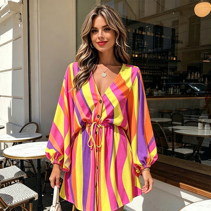 ⌛Limited-Time Offer-Women Summer V-Neck Flutter Sleeve Vacation Dress with Drawstring