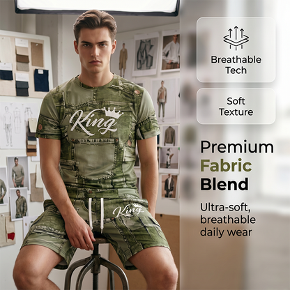 ⌛Limited-Time Offer-Mens Casual Faux Denim Print T Shirt Shorts Set