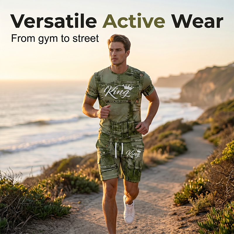 ⌛Limited-Time Offer-Mens Casual Faux Denim Print T Shirt Shorts Set