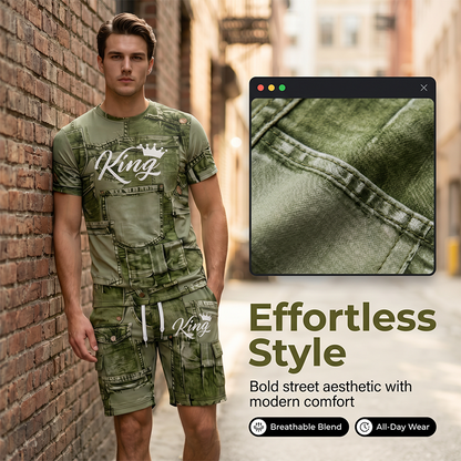 ⌛Limited-Time Offer-Mens Casual Faux Denim Print T Shirt Shorts Set