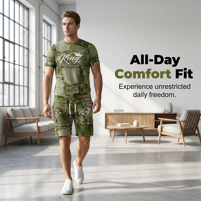 ⌛Limited-Time Offer-Mens Casual Faux Denim Print T Shirt Shorts Set
