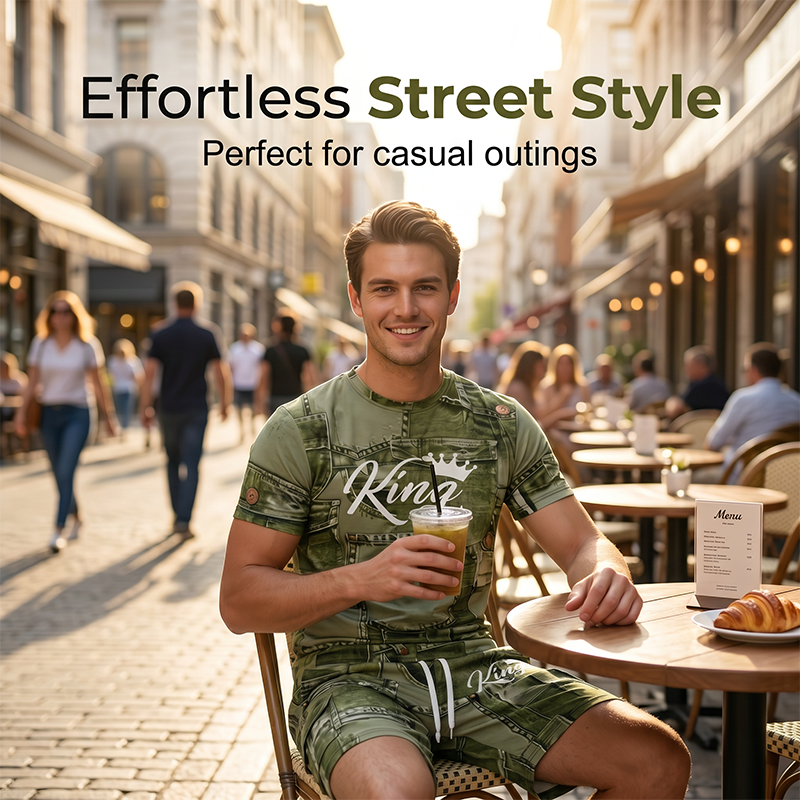 ⌛Limited-Time Offer-Mens Casual Faux Denim Print T Shirt Shorts Set