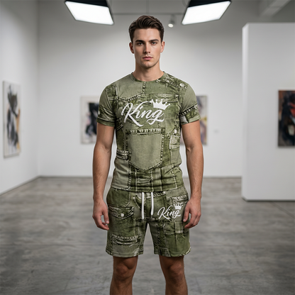 ⌛Limited-Time Offer-Mens Casual Faux Denim Print T Shirt Shorts Set