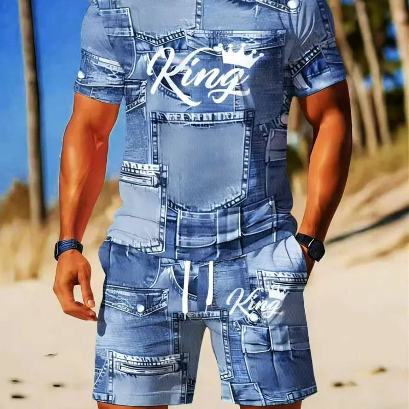 ⌛Limited-Time Offer-Mens Casual Faux Denim Print T Shirt Shorts Set