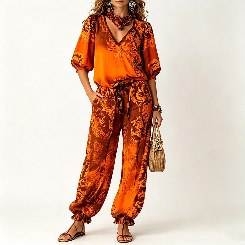 ⌛Limited-Time Offer-Women's Vintage V-Neck Top and Pants Set