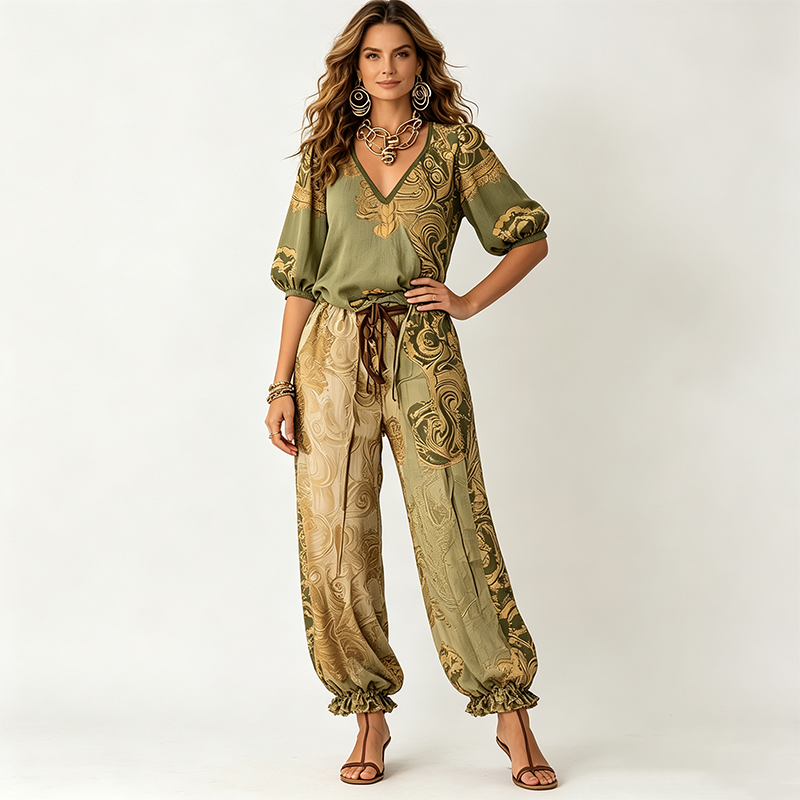 ⌛Limited-Time Offer-Women's Vintage V-Neck Top and Pants Set