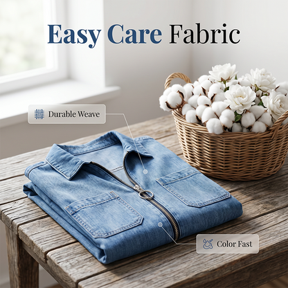 ⌛Limited-Time Offer-Women Casual Denim Shirt Dress Loose Lapel Short Sleeve Zipper Dress with Pockets