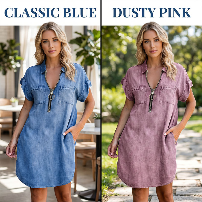 ⌛Limited-Time Offer-Women Casual Denim Shirt Dress Loose Lapel Short Sleeve Zipper Dress with Pockets