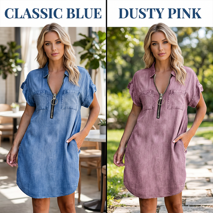 ⌛Limited-Time Offer-Women Casual Denim Shirt Dress Loose Lapel Short Sleeve Zipper Dress with Pockets