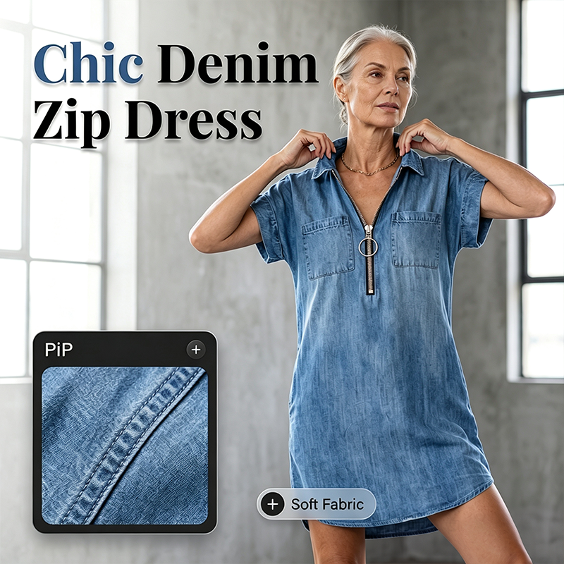 ⌛Limited-Time Offer-Women Casual Denim Shirt Dress Loose Lapel Short Sleeve Zipper Dress with Pockets
