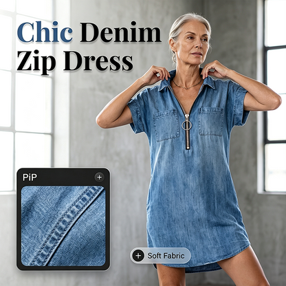 ⌛Limited-Time Offer-Women Casual Denim Shirt Dress Loose Lapel Short Sleeve Zipper Dress with Pockets