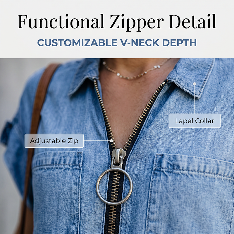 ⌛Limited-Time Offer-Women Casual Denim Shirt Dress Loose Lapel Short Sleeve Zipper Dress with Pockets