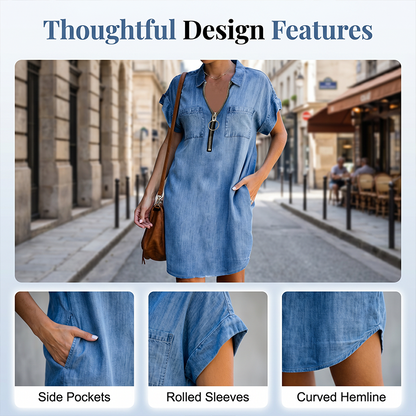 ⌛Limited-Time Offer-Women Casual Denim Shirt Dress Loose Lapel Short Sleeve Zipper Dress with Pockets