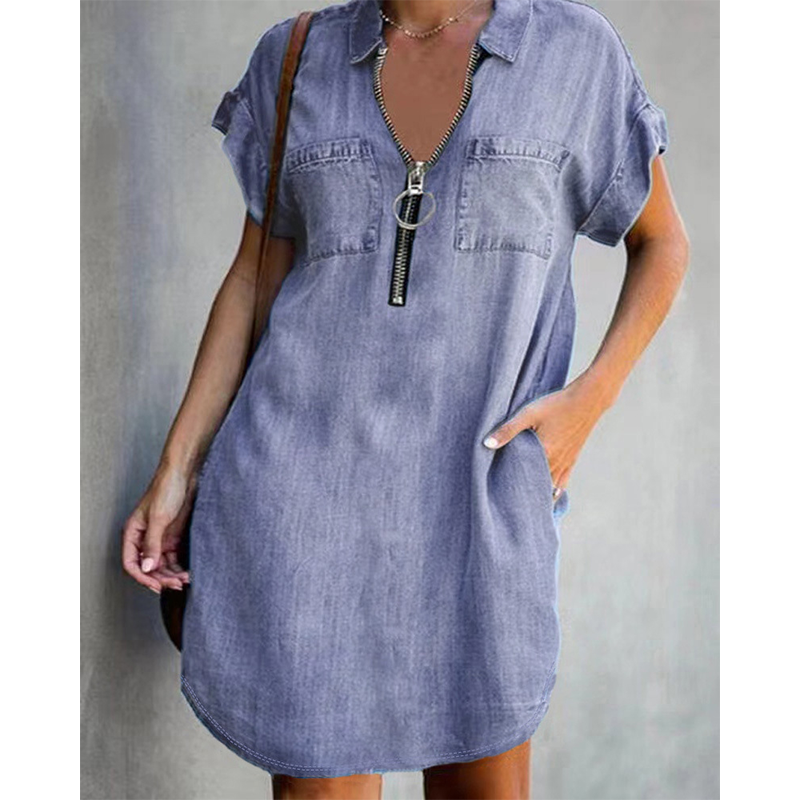 ⌛Limited-Time Offer-Women Casual Denim Shirt Dress Loose Lapel Short Sleeve Zipper Dress with Pockets