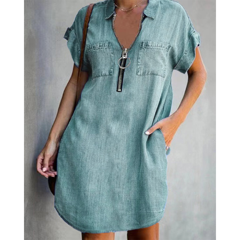 ⌛Limited-Time Offer-Women Casual Denim Shirt Dress Loose Lapel Short Sleeve Zipper Dress with Pockets