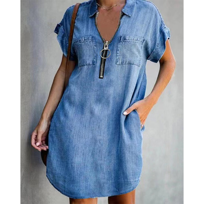 ⌛Limited-Time Offer-Women Casual Denim Shirt Dress Loose Lapel Short Sleeve Zipper Dress with Pockets