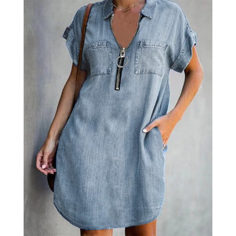 ⌛Limited-Time Offer-Women Casual Denim Shirt Dress Loose Lapel Short Sleeve Zipper Dress with Pockets