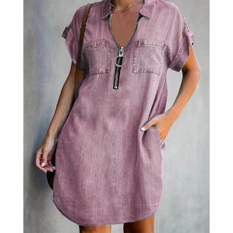 ⌛Limited-Time Offer-Women Casual Denim Shirt Dress Loose Lapel Short Sleeve Zipper Dress with Pockets