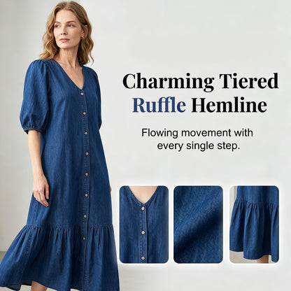 ⌛Limited-Time Offer-Women's V-Neck Single-Breasted Short-Sleeved Dress