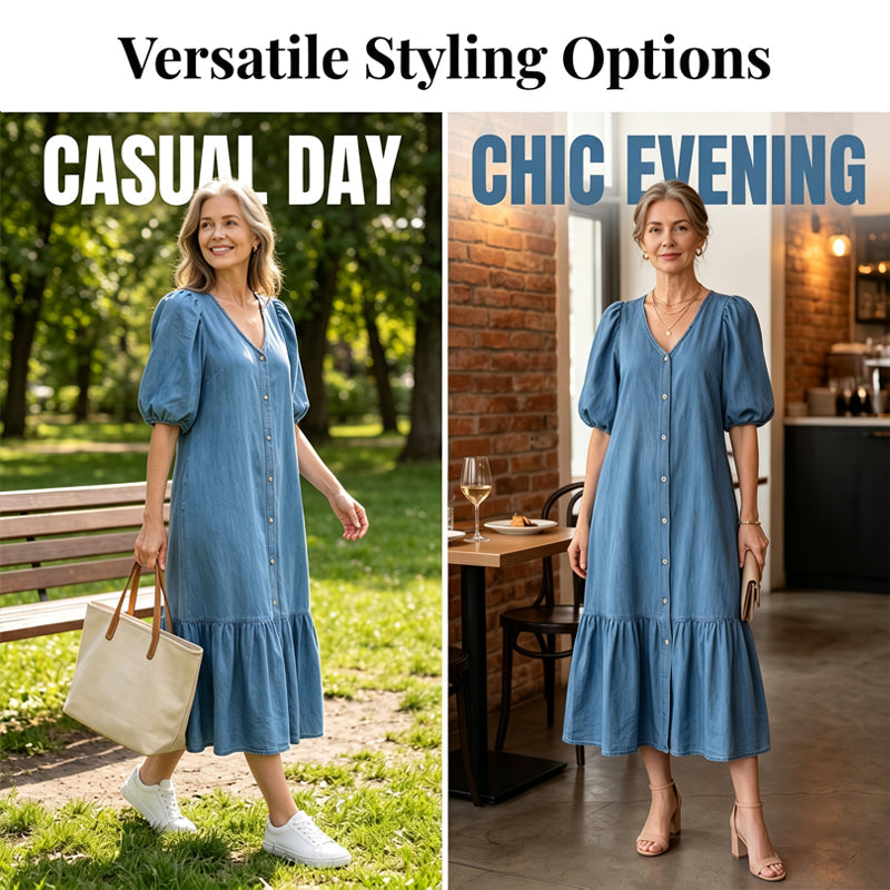⌛Limited-Time Offer-Women's V-Neck Single-Breasted Short-Sleeved Dress