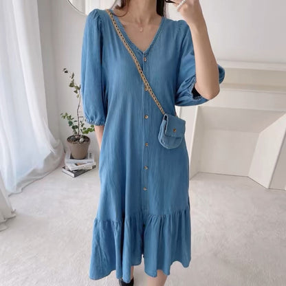 ⌛Limited-Time Offer-Women's V-Neck Single-Breasted Short-Sleeved Dress