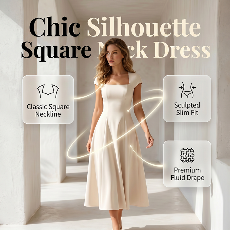 ⌛Limited-Time Offer-Women Elegant Square Neck A Line Dress Slim Fit Long Dress