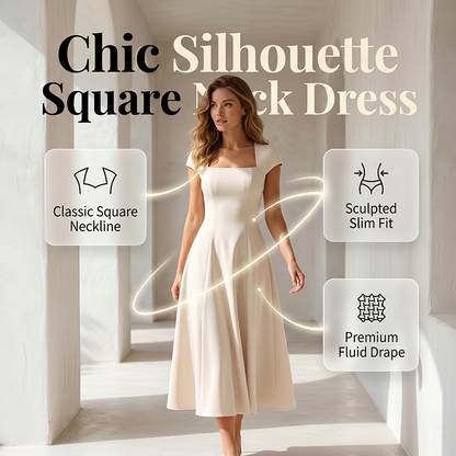 ⌛Limited-Time Offer-Women Elegant Square Neck A Line Dress Slim Fit Long Dress