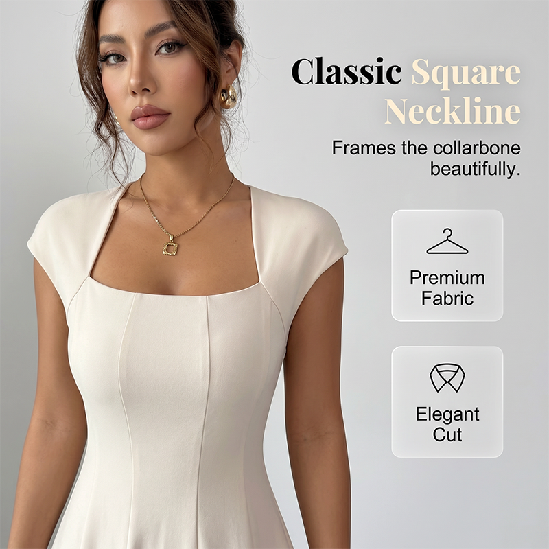 ⌛Limited-Time Offer-Women Elegant Square Neck A Line Dress Slim Fit Long Dress