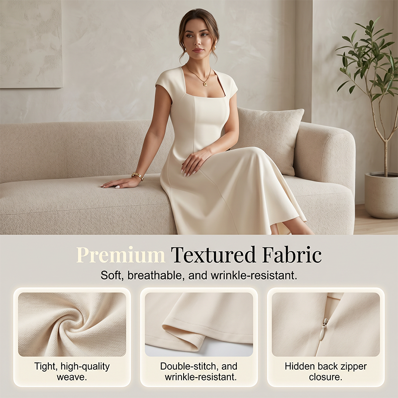 ⌛Limited-Time Offer-Women Elegant Square Neck A Line Dress Slim Fit Long Dress