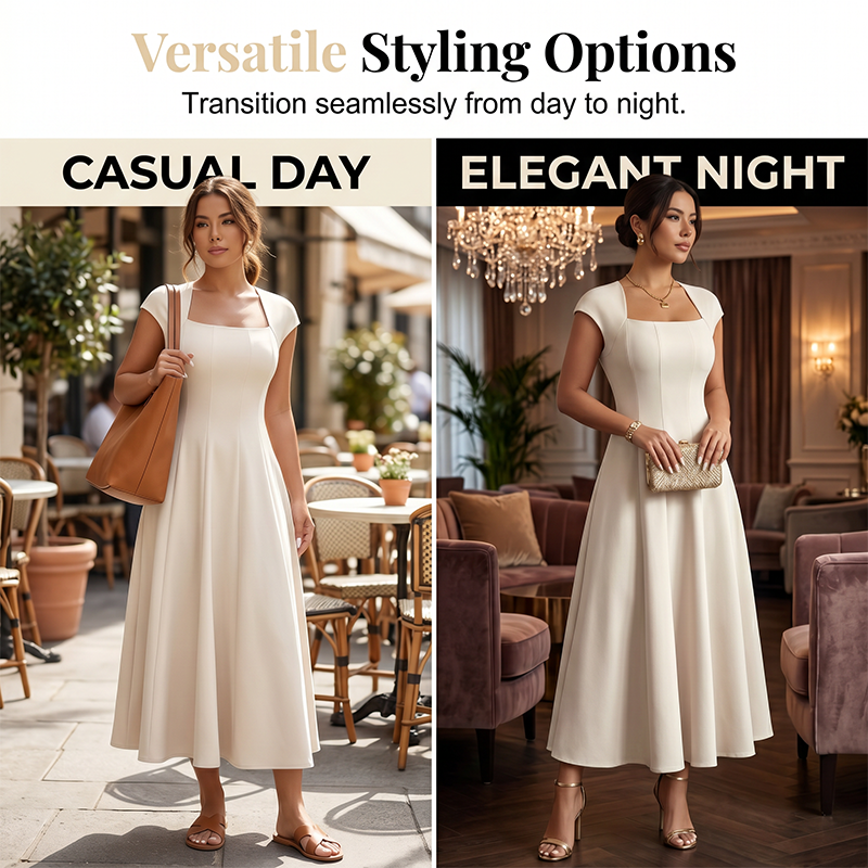 ⌛Limited-Time Offer-Women Elegant Square Neck A Line Dress Slim Fit Long Dress