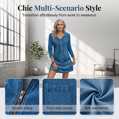 🎉Limited-Time Offer– Women's Long Sleeve Zipper Printed Short Dress, Trendy Print with a Functional Zipper Detail for a Chic Look