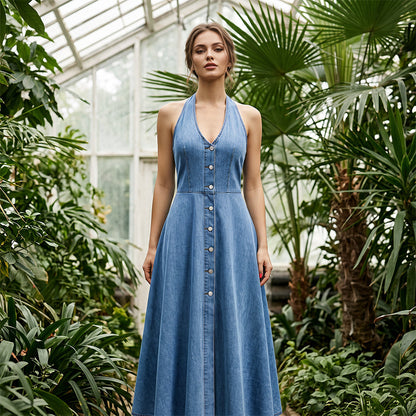 ⌛Limited-Time Offer-Women's Backless V-Neck Sleeveless Denim Dress