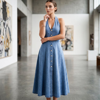 ⌛Limited-Time Offer-Women's Backless V-Neck Sleeveless Denim Dress