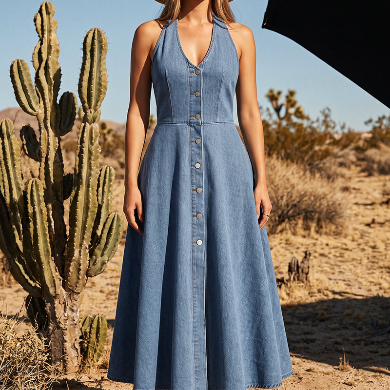 ⌛Limited-Time Offer-Women's Backless V-Neck Sleeveless Denim Dress