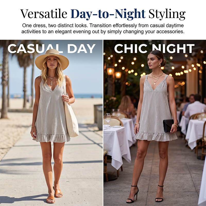 🔥New Arrivals & Special Offers-Women Casual Striped Sleeveless V-Neck Ruffle Beach Swing Dress
