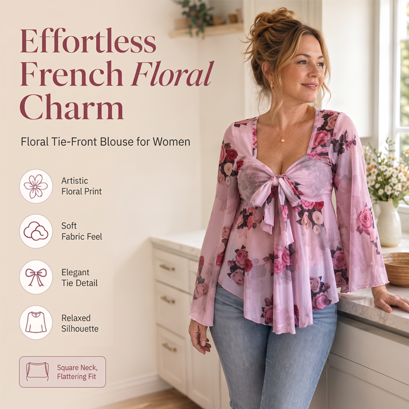 ⌛Limited-Time Offer-Women's Floral Print Square Neck Tie-Front Blouse
