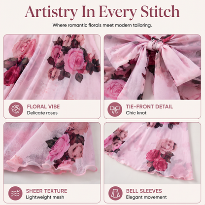 ⌛Limited-Time Offer-Women's Floral Print Square Neck Tie-Front Blouse