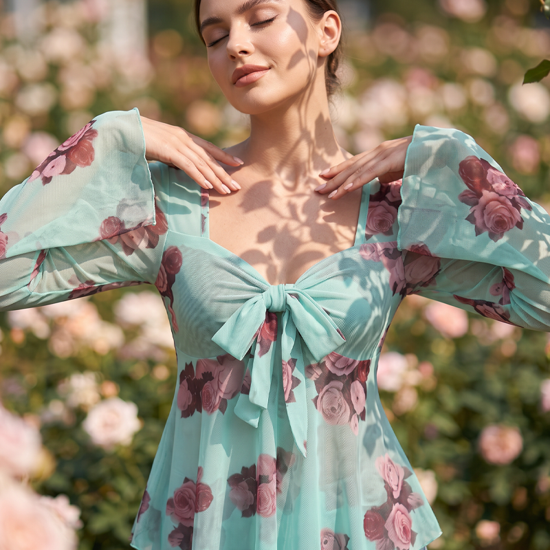 ⌛Limited-Time Offer-Women's Floral Print Square Neck Tie-Front Blouse