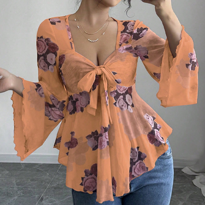 ⌛Limited-Time Offer-Women's Floral Print Square Neck Tie-Front Blouse