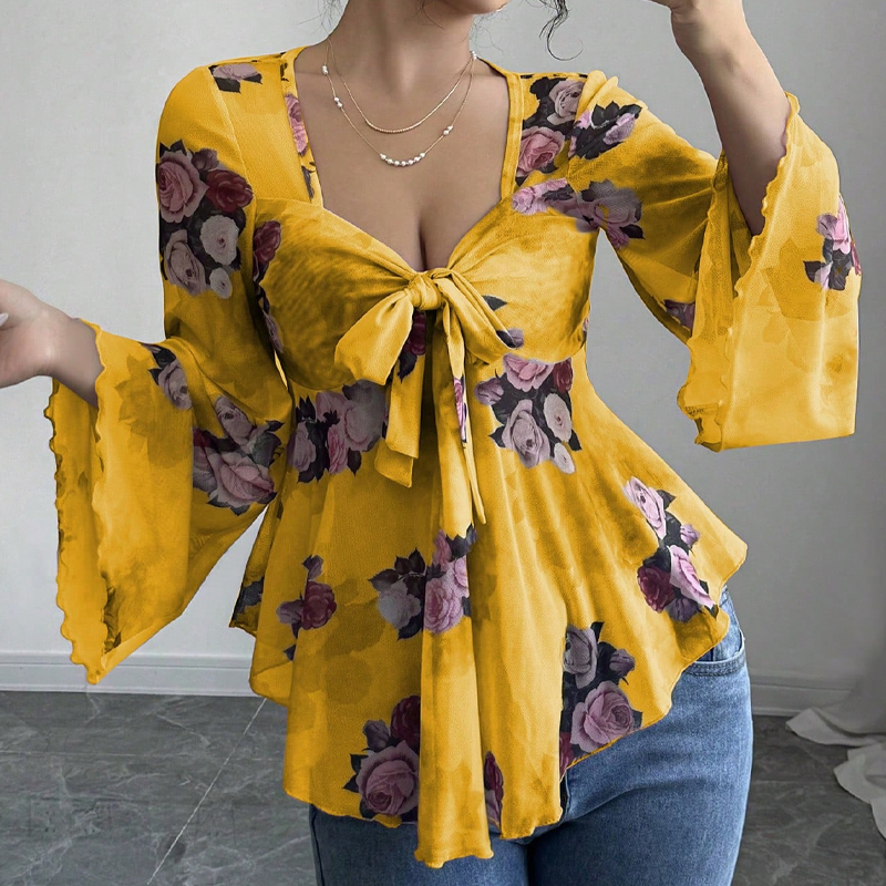 ⌛Limited-Time Offer-Women's Floral Print Square Neck Tie-Front Blouse